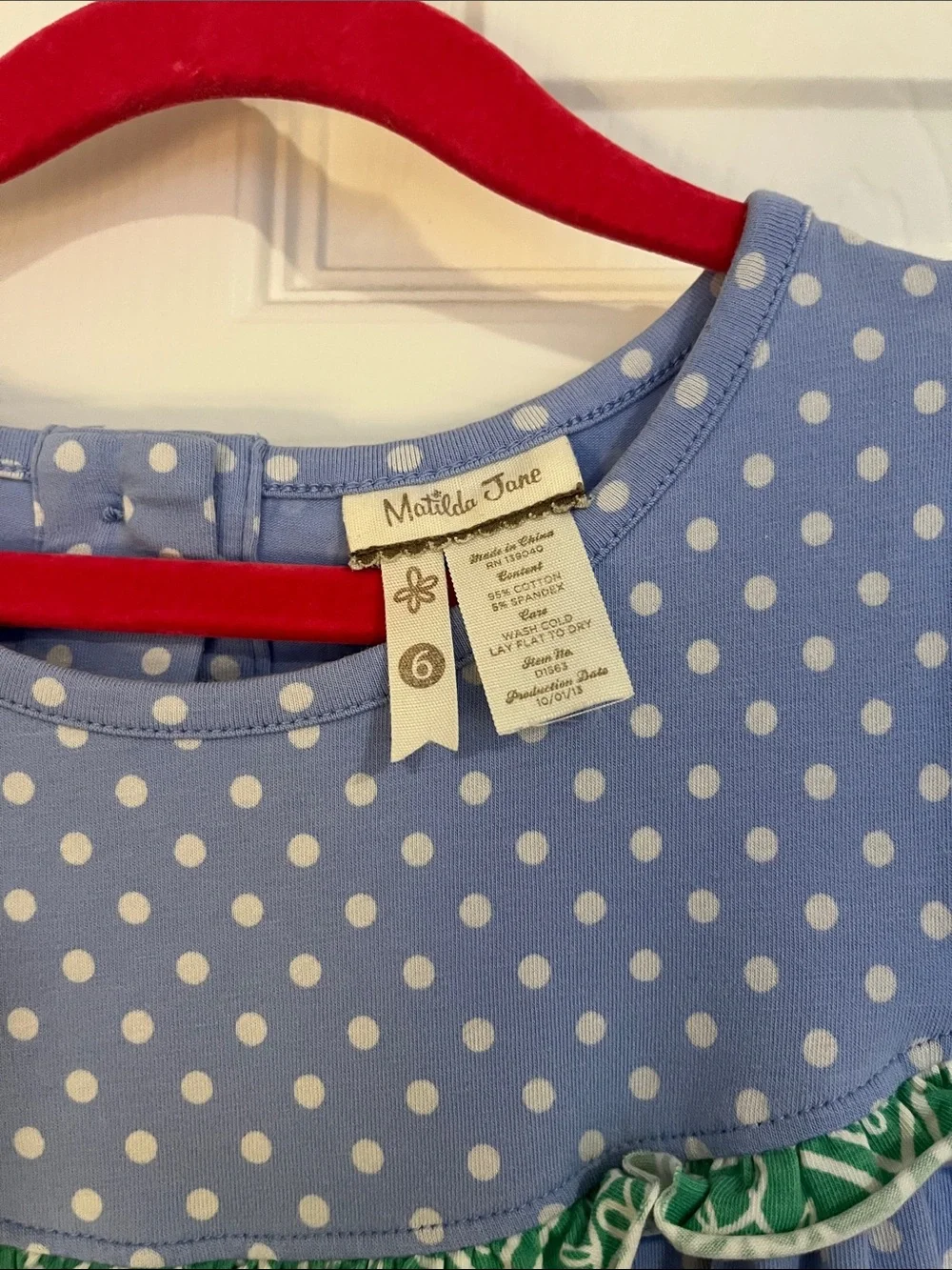 Matilda Jane Light Blue and White Polka Dot Pearl Dress with Green Trim 6